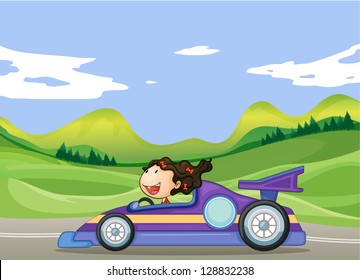 Illustration of a young girl driving a car