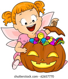 Illustration of a Young Girl in a Fairy Costume Opening a Jack o Lantern Full of Treats