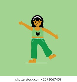 The Illustration of a Young Girl in Green Outfit with Outstretched Arms represents joy and freedom, perfect for storybooks, posters, social media, and children’s content, adding a playful and cheerful