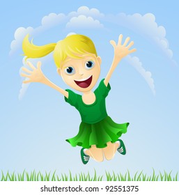 Illustration of a young girl happily jumping the air with arms outstretched.