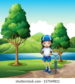 Illustration of a young girl and her bike at the riverside