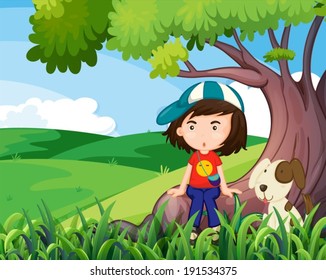 Illustration of a young girl and her pet under the tree