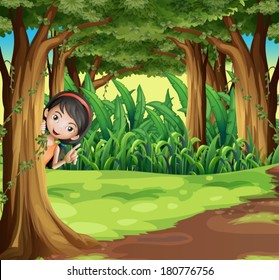 Illustration of a young girl hiding at the forest
