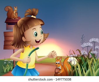 Illustration of a young girl at the hilltop with a water hose