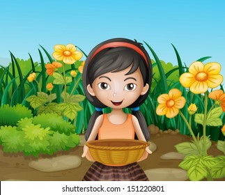 Illustration of a young girl holding an empty basket at the garden