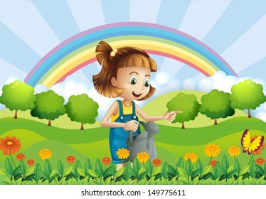 Illustration of a young girl holding a sprinkler in the garden