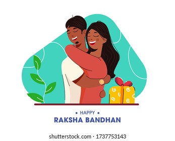 Illustration of Young Girl Hugging Her Brother with Gift Box on Abstract Background for Happy Raksha Bandhan Celebration.