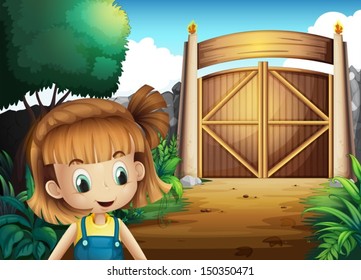 Illustration of a young girl inside the gated yard