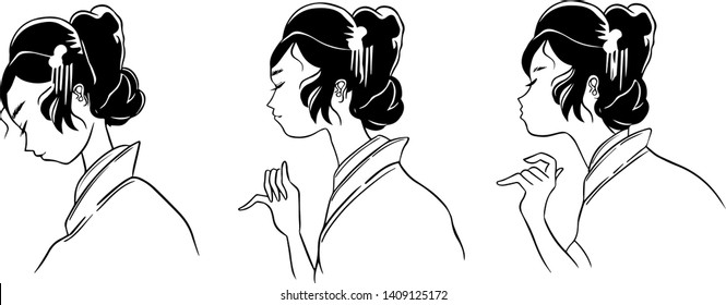 An illustration of a young girl in a kimono leaning in for a kiss. A callback to retro Japanese sweet packaging. Perfect for a shot of Taisho-era charm. In black and white.