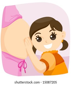 Illustration of a Young Girl listening to Momâ??s pregnant tummy