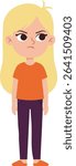 Illustration of a young girl with long blonde hair wearing an orange shirt and purple pants, displaying an angry facial expression. The mood is expressive and intense.
