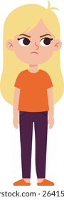 Illustration of a young girl with long blonde hair wearing an orange shirt and purple pants, displaying an angry facial expression. The mood is expressive and intense.