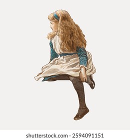 Illustration of a young girl with long hair, wearing a dress and apron, sitting and looking to the side. The girl appears thoughtful and relaxed. Vintage art painting vector.