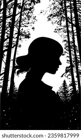 Illustration of a young girl meditating, contemplating, and walking through the nocturnal forest.