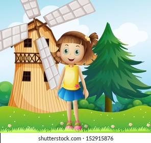 Illustration of a young girl near the farmhouse with a windmill