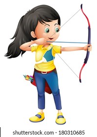 Illustration of a young girl playing archery on a white background