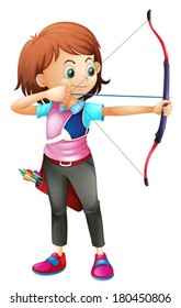 Illustration of a young girl playing archery on a white background