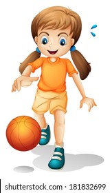 Illustration Of A Young Girl Playing Basketball On A White Background