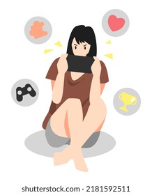 illustration of a young girl playing a game with focus. sitting position. joystick, cup, puzzle, love icon. suitable for the theme of hobbies, esports, entertainment, leisure, addiction etc. mobile ga