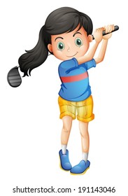 Illustration of a young girl playing golf on a white background