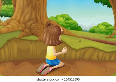 Illustration of a young girl playing at the ground in the forest