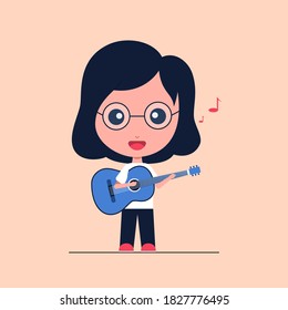 Illustration of a young girl playing guitar while singing. happy face.