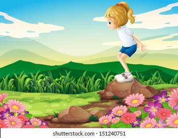 Illustration of a young girl playing at the hilltop with rocks and a garden