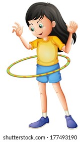 Illustration of a young girl playing with a hulahoop on a white background