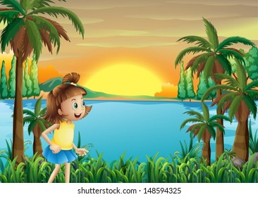 Illustration of a young girl playing near the river