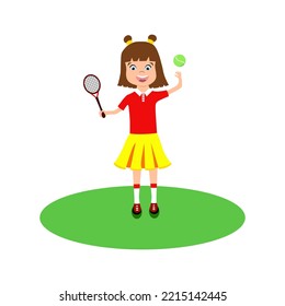 Illustration of young girl playing tennis 
Illustration of a pretty lady playing tennis in a skirt.Cartoon character. Vector isolated illustration on a white background