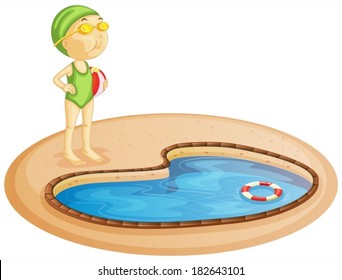 Illustration of a young girl in the pool on a white background