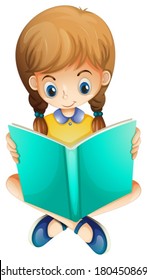 Illustration of a young girl reading a book seriously on a white background