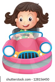 Illustration of a young girl riding on a pink bumpcar on a white background