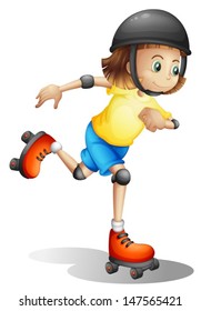 Illustration of a young girl rollerskating on a white background