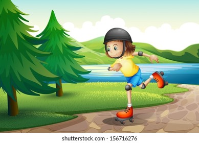 Illustration of a young girl rollerskating at the riverbank with pine trees