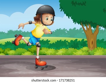 Illustration of a young girl rollerskating at the street