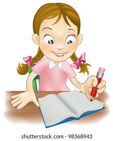 Illustration of a young girl sat at her desk writing in a book