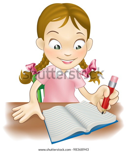 Illustration Young Girl Sat Her Desk Stock Vector (Royalty Free) 98368943