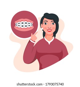 Illustration of Young Girl Showing Her Braces at Teeth on White Background.