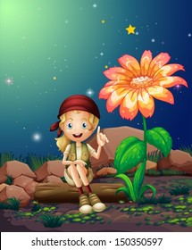 Illustration of a young girl sitting above a log near the giant flower