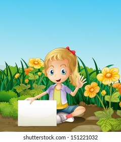 Illustration of a young girl sitting at the garden with an empty signage