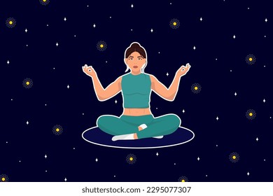Illustration of a young girl sitting in a lotus position and meditating in a yoga class against the background of the night sky or space
