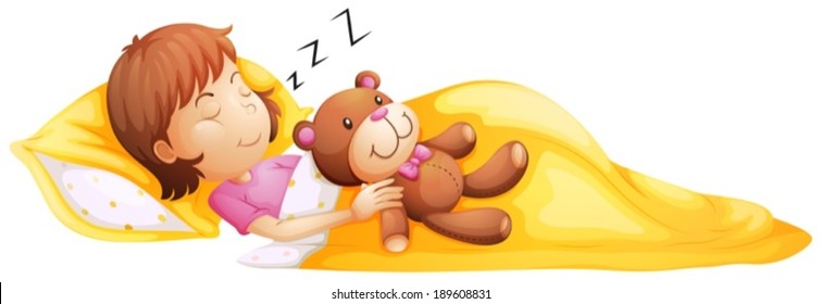 Illustration of a young girl sleeping with her toy on a white background