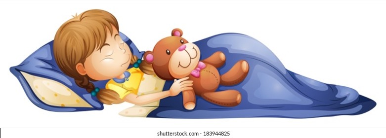 Illustration of a young girl sleeping with a toy on a white background