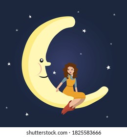 
Illustration of a young girl smiling and sitting on the moon against the background of the starry sky. The style is flat. Can be used in book illustrations, banners, flyers, printing, web design.