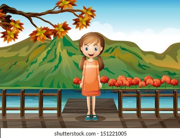 Illustration of a young girl standing in the middle of the wooden bridge