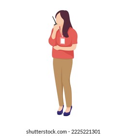 Illustration of young girl standing up and talking to walkie talkie. Show or event organizer illustration.  