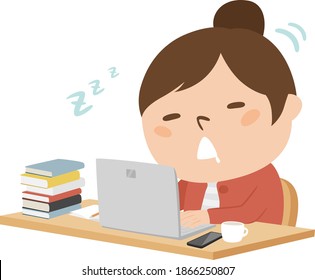 An illustration of a young girl student studying in a remote class has fallen asleep.