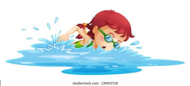 Illustration of a young girl swimming in her green swimming attire on a white background