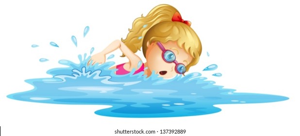 Illustration of a young girl swimming on a white background